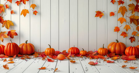 A collection of pumpkins and autumn leaves sit on a white wooden floor against a white wood plank wall backdrop.の素材