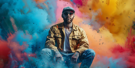 A man with a beard and sunglasses poses in front of a colorful smoke background.の素材