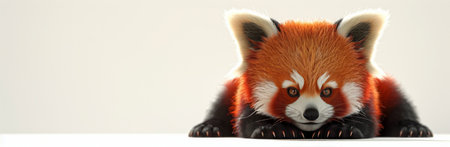 An adorable, fluffy red panda cub with big eyes sits on a white background.の素材