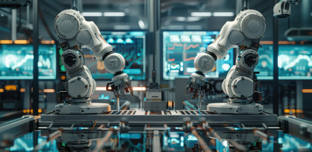 Close-up shot of two advanced robotic arms with intricate details, working in a futuristic lab environment.の素材