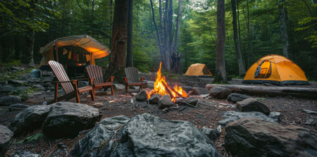 Two tents are pitched in a forest clearing, a fire crackles in the middle, casting light on the rocky ground.の素材