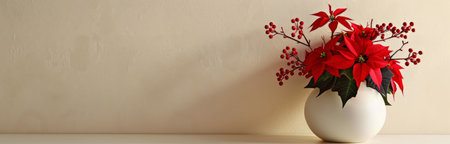A bouquet of red poinsettia flowers with red berries in a white vase against a beige wall.の素材