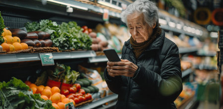 An elderly woman uses her smartphone to check her shopping list while standing in the produce aisle of a grocery store.の素材