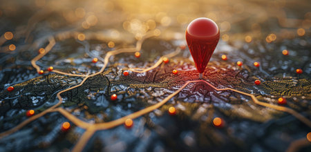 A close-up of a red pin marking a location on a detailed map, with the sun setting in the background.の素材