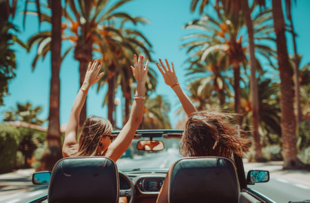 A couple drives a convertible through a palm tree lined road on a sunny day. Both have their arms raised in the air.の素材