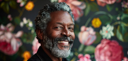 A close-up portrait of a man with gray hair and a beard, smiling softly against a background of colorful flowers.の素材