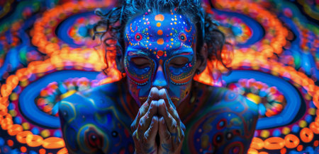 A person with neon paint on their body and face poses with their hands clasped in front of a bright, colorful background.の素材