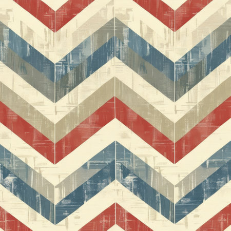 A colorful abstract pattern with chevron shapes in red, blue, black, and beige colors.の素材