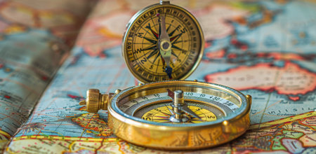 A vintage compass sits on a weathered world map, showing parts of Africa and Europe.の素材