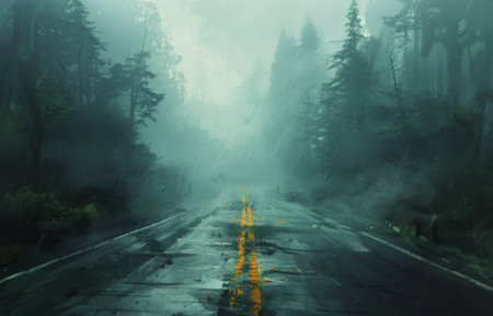 A winding road through a dense forest shrouded in fog, with yellow lines marking the path ahead.の素材