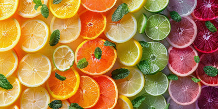 Close-up view of various citrus fruit slices, including lemons, limes, oranges, and blood oranges, arranged in a colorful pattern with fresh mint leaves.の素材