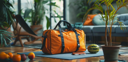 In a modern living room, an orange duffel bag sits on a blue yoga mat. Next to it are a watermelon and a book. A plant and couch complete the scene.の素材