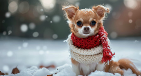 A small brown chihuahua dog wearing a red scarf sits in the snow, looking at the camera.の素材
