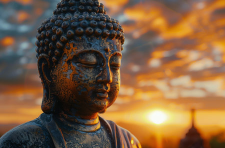 A bronze Buddha statue sits in meditation with a stunning sunset behind it.の素材