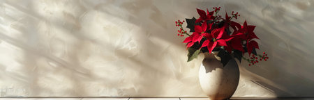 A beautiful arrangement of a poinsettia flower and holly branches in a silver vase on a wooden table with warm sunlight streaming in the window.の素材