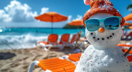 A snowman wearing sunglasses and a hat sits on a beach with orange beach chairs and an umbrella in the background.の素材