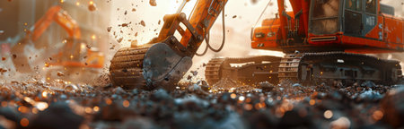 A close-up of an excavators bucket digging into a pile of dirt and gravel during a construction project.の素材