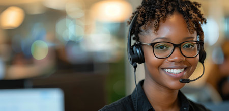 A customer service representative wearing headphones and glasses smiles at the camera in a modern office setting.の素材