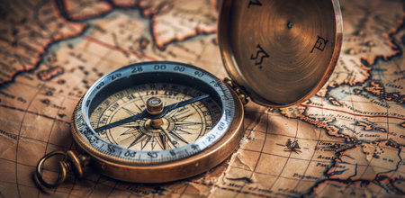A vintage compass sits on a weathered world map, showing parts of Africa and Europe.の素材