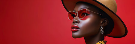A woman wearing sunglasses and a fedora poses against a red backdrop.の素材