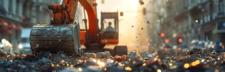 An orange excavator digs up a street in a busy urban city during the daytime. The excavators bucket is lowered, and the surrounding buildings are blurred in the background.の素材