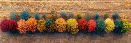 A stunning aerial photograph of a line of trees in full autumn color, standing out against a field in the foreground.の素材