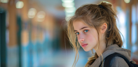 A young blonde woman with blue eyes looks at the camera while standing in a building. She has her hair pulled back in a ponytail.の素材