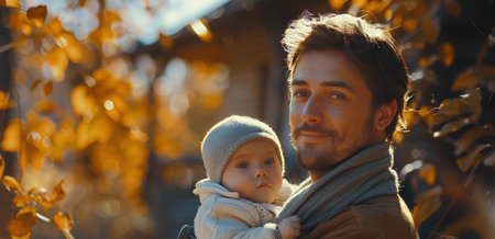 A father holds his baby close as they enjoy the golden hour sunlight in a rural setting.の素材