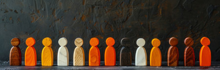 An image of ten wooden figurines, each painted a different color, arranged in a row on a dark background. The figurines symbolize diversity and inclusion.の素材