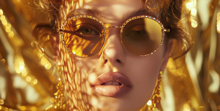 Close-up portrait of a woman wearing round gold sunglasses and large gold hoop earrings against a textured gold background.の素材