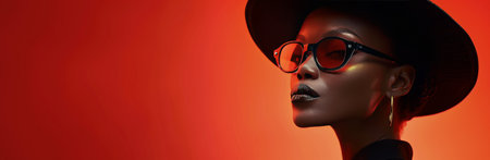 A woman wearing sunglasses and a fedora poses against a red backdrop.の素材