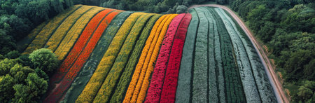 An aerial view of vibrant flower fields in various shades of yellow, red, and orange, separated by green hills and a dirt road.の素材