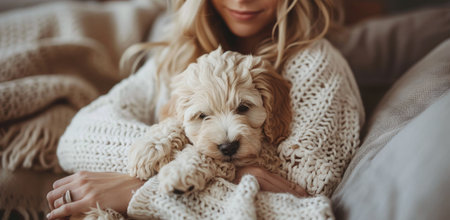 A woman is sitting on a sofa with a puppy in her arms. They are both wrapped in a knitted blanket.の素材
