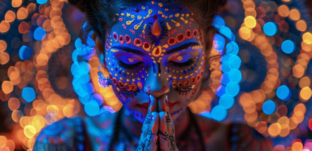 A woman with colorful face paint and closed eyes prays with her hands together in front of a blurry background of colorful lights.の素材