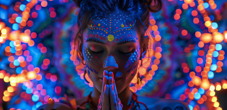 A woman with colorful face paint and closed eyes prays with her hands together in front of a blurry background of colorful lights.の素材