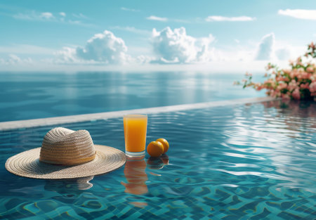 A straw hat, an orange slice, and a glass of orange juice sit by a pool on a sunny summer day.の素材