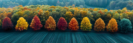 A stunning aerial photograph of a line of trees in full autumn color, standing out against a field in the foreground.の素材