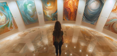 A woman stands in a gallery, admiring a row of abstract paintings.の素材