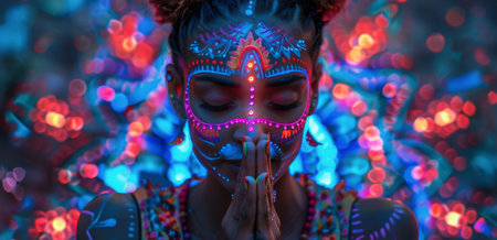 A woman with colorful face paint and closed eyes prays with her hands together in front of a blurry background of colorful lights.の素材