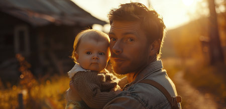 A father holds his baby close as they enjoy the golden hour sunlight in a rural setting.の素材