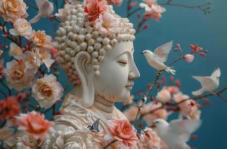 A close-up shot of a white Buddha statue surrounded by a blooming pink cherry blossom tree and white birds.の素材