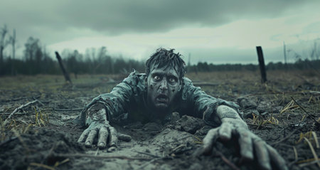 A close-up image of a zombie crawling through mud in a desolate field. The sky is gray and overcast, creating a somber atmosphere.の素材