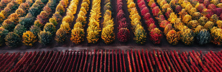 A stunning aerial photograph of a line of trees in full autumn color, standing out against a field in the foreground.の素材