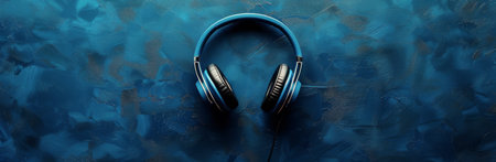 A blue pair of headphones sit on a blue background.の素材