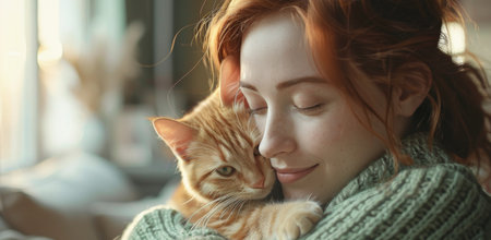 A young woman with long, red hair is holding a ginger tabby cat close to her face. They are both smiling and appear to be very happy.の素材