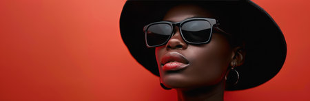 A woman wearing sunglasses and a fedora poses against a red backdrop.の素材