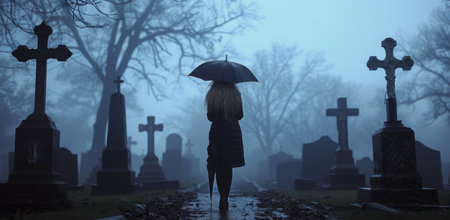A lone woman walks through a foggy cemetery with an umbrella, past tall grave stones with crosses.の素材