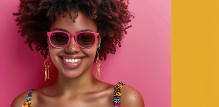 A woman with dark curly hair smiles at the camera while wearing colorful sunglasses and earrings, standing against a pink background.の素材