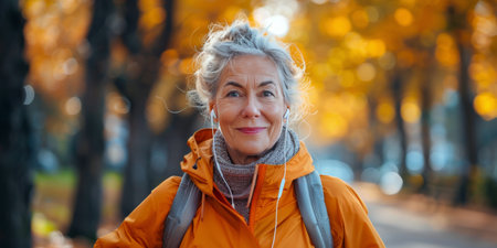 A senior woman walks through a park with vibrant fall foliage, smiling with headphones on.の素材