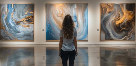 A woman stands facing three abstract paintings with swirling patterns in a modern gallery setting.の素材